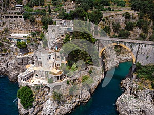 Aerial view of Fiordo di furore beach. Incredible beauty panorama of a paradise. The rocky seashore of southern Italy. Sunny