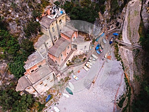 Aerial view of Fiordo di furore beach. Traditional building in the south of Italy. Stone houses in the gorge of the mountains.