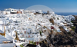 Aerial view of Fira city and seascape, Santorini island in Greece. Travel and vacation concept