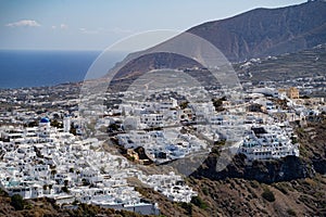Aerial view of Fira city and seascape, Santorini island in Greece. Travel and vacation concept