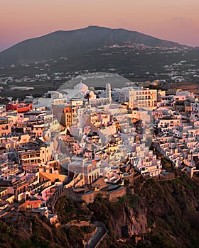 Aerial View of Fira in the Evening, Santorini, Greece