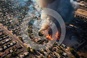 aerial view of fire containment efforts by firefighters