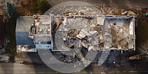 Aerial View of Fire-Damaged House After Demolition. Generative AI.