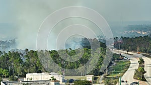 Aerial view of fire department firetrucks extinguishing wildfire burning severely in Florida jungle woods. Emergency
