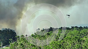 Aerial view of fire department helicopter extinguishing wildfire burning severely in Florida jungle woods. Emergency