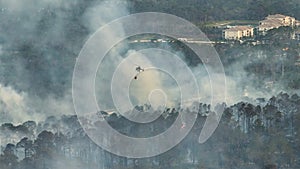 Aerial view of fire department helicopter extinguishing wildfire burning severely in Florida jungle woods. Emergency