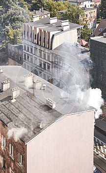 Aerial view of fire of an old townhouse building in Szczecin, Poland