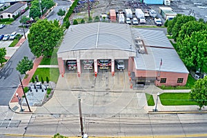 Aerial View of a Firehouse with Fire Engines Inside