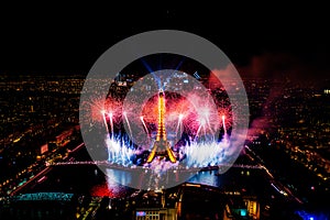 Aerial view on fireworks in night Paris during International sport event