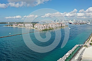 Aerial view of Fisher Island and Government Cut off Miami Beach, Florida.