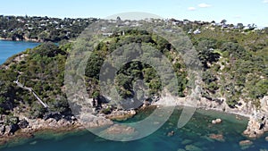 Aerial view of Fishermans Rock at Oneroa Bay of Waiheke Island