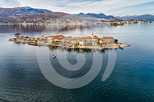 Aerial view of Fishermens Island or Isola dei Pescatori at Lake Maggiore, is one of the Borromean Islands of north Italy