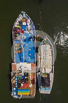 Aerial view of fishing boats and fish market in the south of Sri Lanka