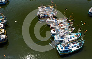 Aerial view of fishing boats and fish market in the south of Sri Lanka