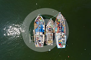 Aerial view of fishing boats and fish market in the south of Sri Lanka