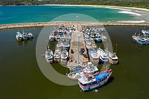 Aerial view of fishing boats and fish market in the south of Sri Lanka