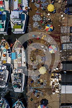 Aerial view of fishing boats and fish market in the south of Sri Lanka