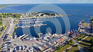 Aerial view on fishing harbour and marina in Jastarnia on Hel peninsula on Baltic Sea