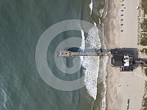 Aerial view of fishing pier and beautiful beach in Myrtle Beach, South Carolina