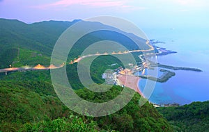 Aerial view of a fishing village at dawn on northern coast of Taipei Taiwan