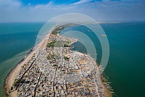 Aerial view of fishing village of Djiffer. Saloum Delta National Park, Joal Fadiout, Senegal. Africa. Photo made by drone from