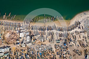 Aerial view of fishing village of Djiffer. Saloum Delta National Park, Joal Fadiout, Senegal. Africa. Photo made by drone from