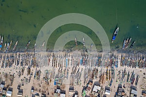 Aerial view of fishing village of Djiffer. Saloum Delta National Park, Joal Fadiout, Senegal. Africa. Photo made by drone from