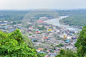 Aerial View of Fishing Village at Pak Nam Chumphon from Matsee Mountain