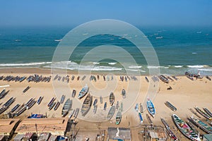 Aerial view of fishing village, pirogues fishing boats in Kayar, Senegal.  Photo made by drone from above. Africa Landscapes