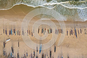 Aerial view of fishing village, pirogues fishing boats in Kayar, Senegal.  Photo made by drone from above. Africa Landscapes