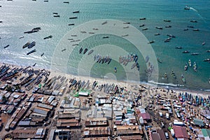 Aerial view of fishing village of Tanji. The Gambia. West Africa. Photo made by drone from above