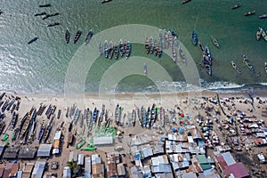 Aerial view of fishing village of Tanji. The Gambia. West Africa. Photo made by drone from above