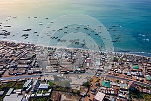 Aerial view of fishing village of Tanji. The Gambia. West Africa. Photo made by drone from above