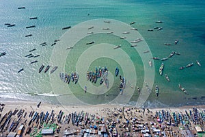 Aerial view of fishing village of Tanji. The Gambia. West Africa. Photo made by drone from above