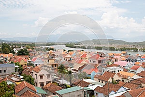 Aerial view fishing village. Vietnam. sea and rooftoops