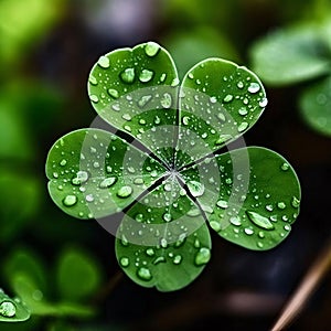 An aerial view of a five-leaf clover with drops of water, dew. Green four-leaf clover symbol of St. Patrick\'