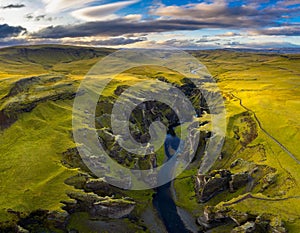 Aerial view of Fjadrargljufur canyon in Iceland