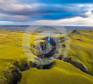 Aerial view of Fjadrargljufur canyon in Iceland