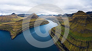 Aerial view of fjords near the village of Funningur in Faroe Islands, Denmark