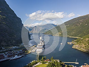 Aerial view of Flam tourist village and Aurlandsfjorden