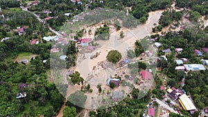 Aerial view flash flood cause the breakage of road and bridge