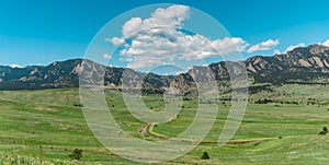 Aerial view of the Flatiron Mountains in Boulder, CO.