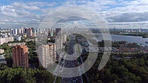 Aerial view flight over the central avenue in Moscow at sunset