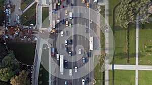 Aerial view flight over the central avenue in Moscow at sunset