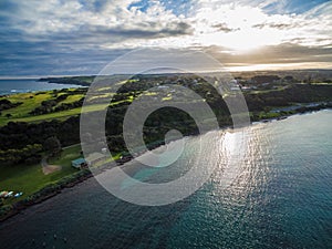 Aerial view of Flinders foreshore at sunset, Melbourne, Australia.