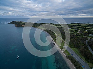 Aerial view of Flinders pier with moored boats. Melbourne, Austr