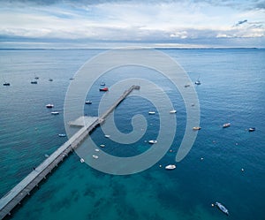 Aerial view of Flinders pier with moored boats. Melbourne, Australia.