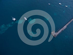 Aerial view of Flinders pier with moored boats. Melbourne, Australia.