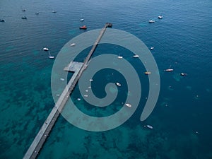 Aerial view of Flinders pier with moored boats. Melbourne, Australia.