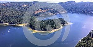 An aerial view from a float plane of montague bay on the tree covered Galiano island in the Gulf Islands of British Columbia